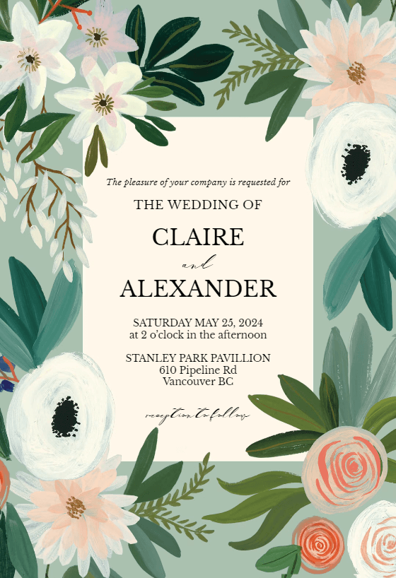 Blue Floral invitation design with flower illustrations by Meghann Rader for Greetings Island