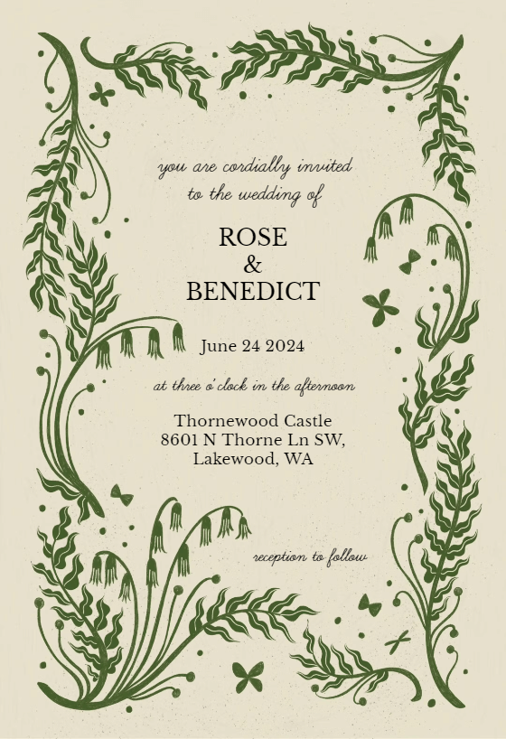 Bluebells invitation design, greenery border and off white background by Meghann Rader for Greetings Island