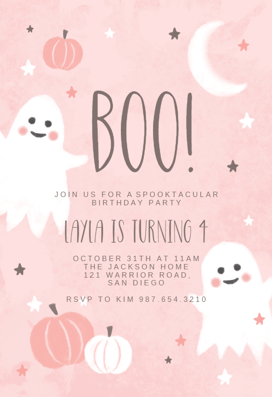 A birthday invitation featuring the word 'Boo!' in playful lettering, set against a light pink background. The invite is adorned with illustrations of friendly ghosts and pumpkins, adding a fun and festive Halloween theme.