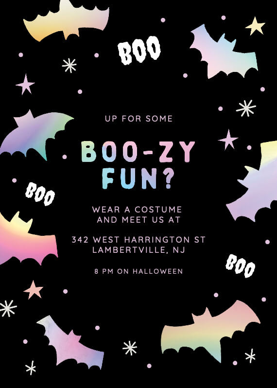 A Halloween party invitation with the playful text 'Boo-zy Fun?' in a rainbow-colored foil effect, set against a black background. The invite is further enhanced with illustrations of colorful bats, adding a whimsical yet spooky touch to the theme.
