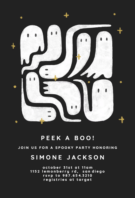 A Halloween invitation titled 'Peek A Boo', featuring playful ghost illustrations set against a stark black background, creating a fun yet spooky theme.
