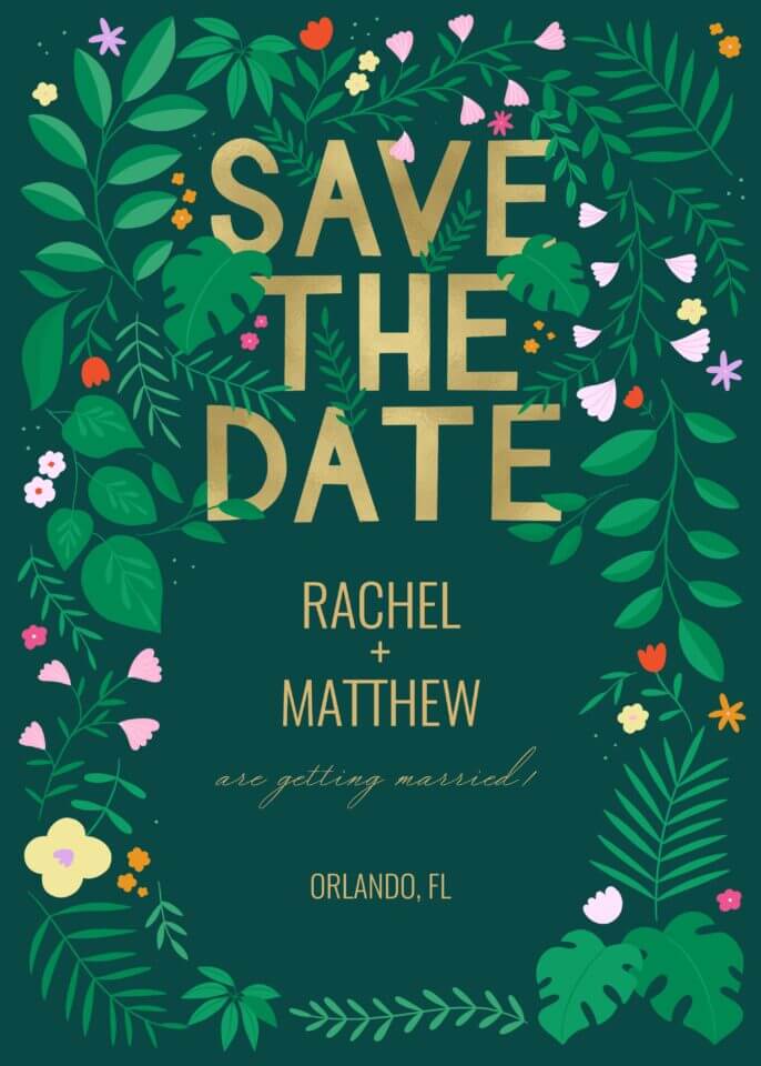 Botanical 'Save the Date' invitation with jungle-like greenery and gold text, designed by Black Lamb Studio for Greetings Island.