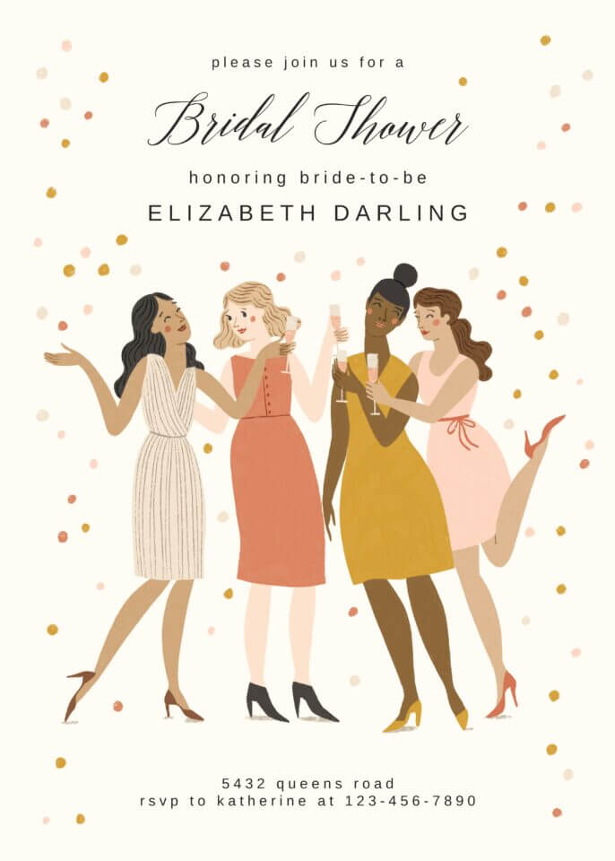 The 'Bride Squad' bridal shower invitation by Meghann Rader for Greetings Island features chic and playful illustrations, celebrating the joyous gathering of the bride-to-be's closest friends.