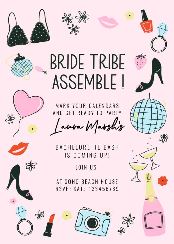 Bride Tribe bachelorette bash invite with illustrations of a bra, heels, perfume, ring, nail polish, disco ball, and martini glasses on a light pink background, by Black Lamb Studio for Greetings Island.