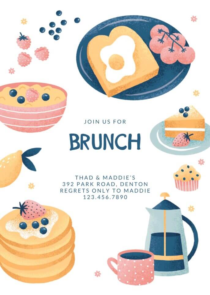 Brunch invitation by Bethan Richards for Greetings Island, adorned with illustrations of brunch favorites: egg toast, pancakes, cake, and tea.