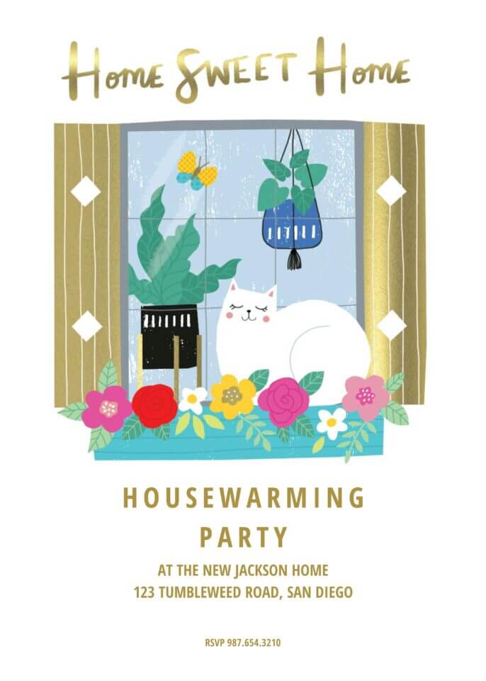 Housewarming party invite featuring a 'Home Sweet Home' illustration with a cozy window scene, open curtains, and a cat sitting contentedly.