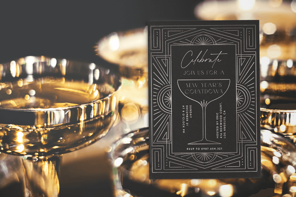A 'Celebrate' invitation in Gatsby style, featuring a line drawing of a champagne glass. The illustration is set against a background of numerous champagne glasses, filled and arranged in a festive manner, capturing the essence of opulence and celebration.