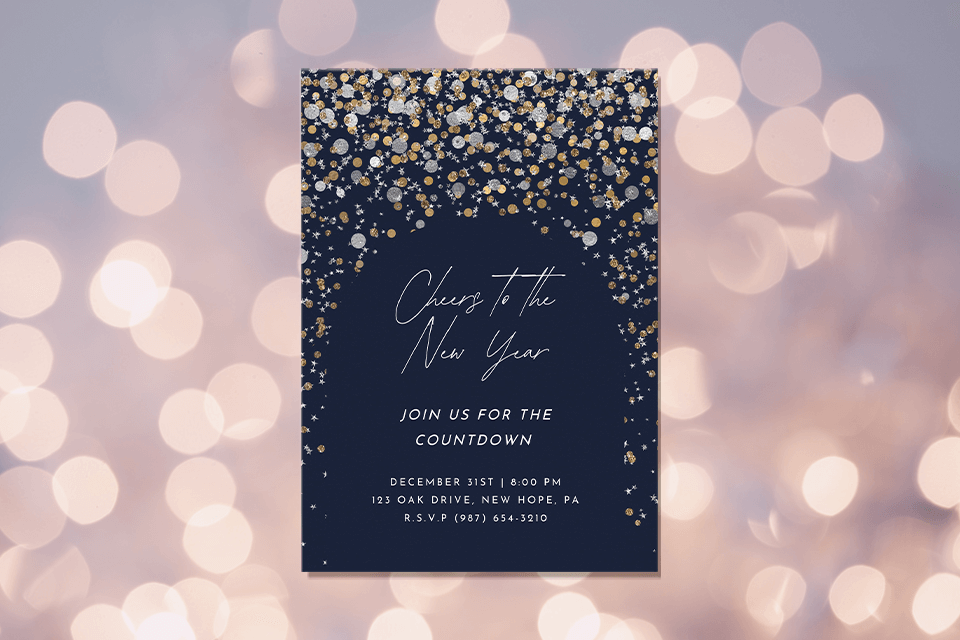 An invitation for a New Year's Eve celebration titled 'Cheers to the New Year'. The design features a festive blend of gold and silver confetti, creating an elegant and celebratory atmosphere