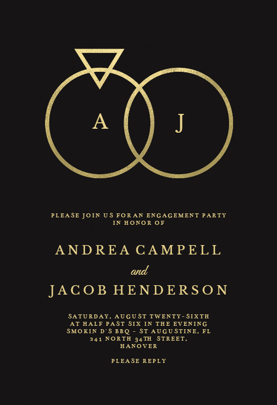 An engagement party invitation, elegantly designed in black and gold, featuring an illustration of two intertwined engagement rings. Inside each ring are the first-name initials of the engaged couple, adding a personal and romantic touch to the invite.