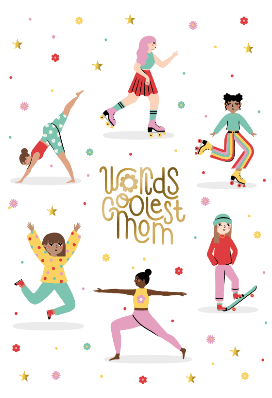 Coolest Mom card by Bethan Richards for Greetings Island, featuring an illustration of a joyful woman dancing and jumping.