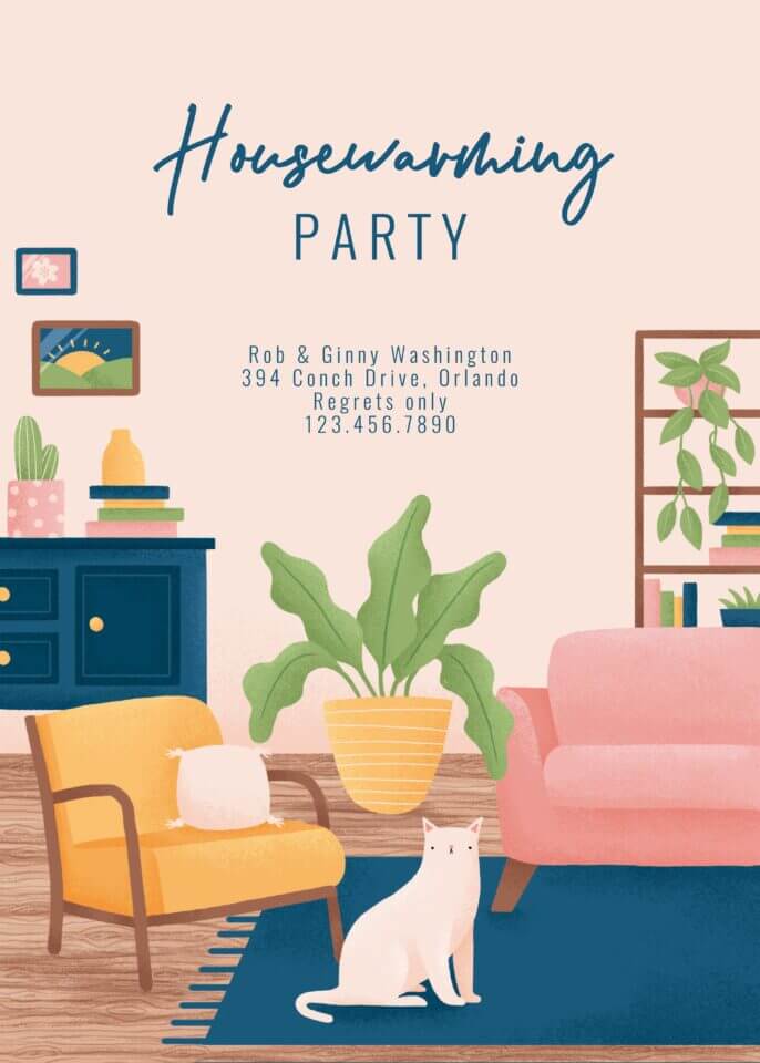 Housewarming party invitation by Bethan Richards for Greetings Island, featuring a cozy, warmly illustrated sitting area, with inviting blue text.