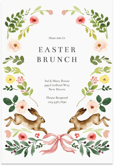 Easter brunch invitation adorned with a charming illustration of foliage and rabbits. The design features playful rabbits amidst lush greenery, evoking a festive and springtime atmosphere, perfect for an Easter gathering.