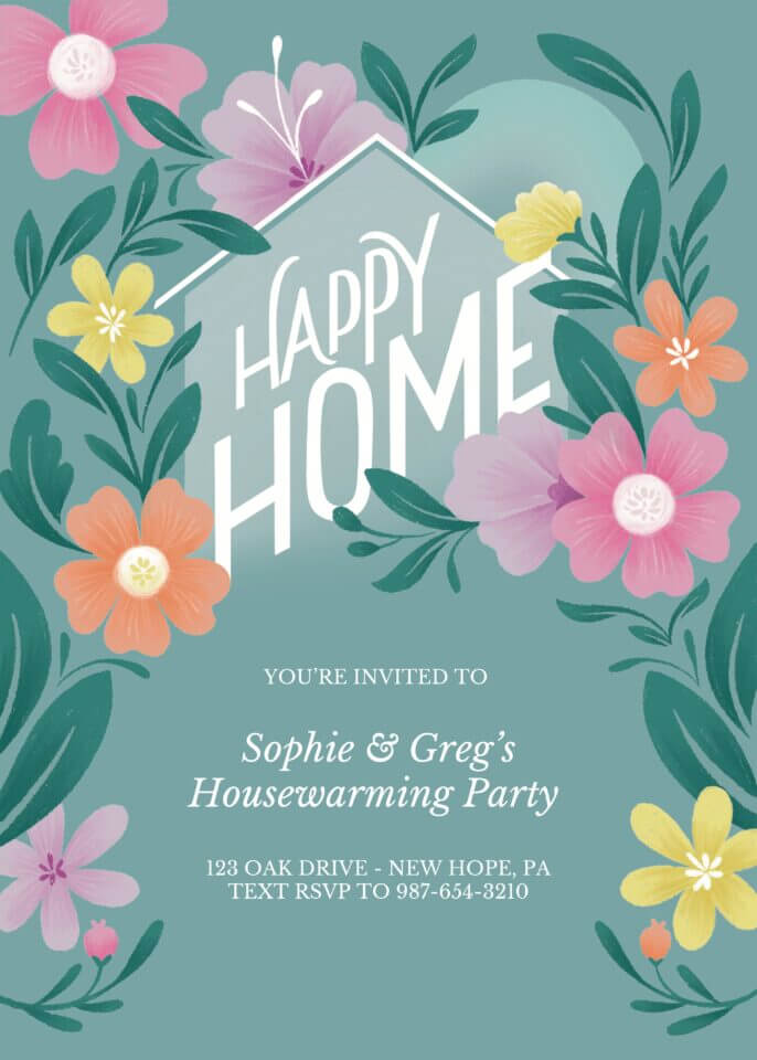 Housewarming invite by Gia Graham for Greetings Island with 'Happy Home' in white typography, floral and greenery designs on a green background.