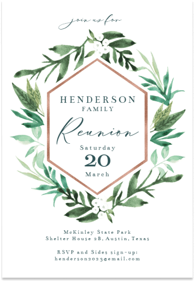 Family reunion invitation with greenery border circling the text in the center