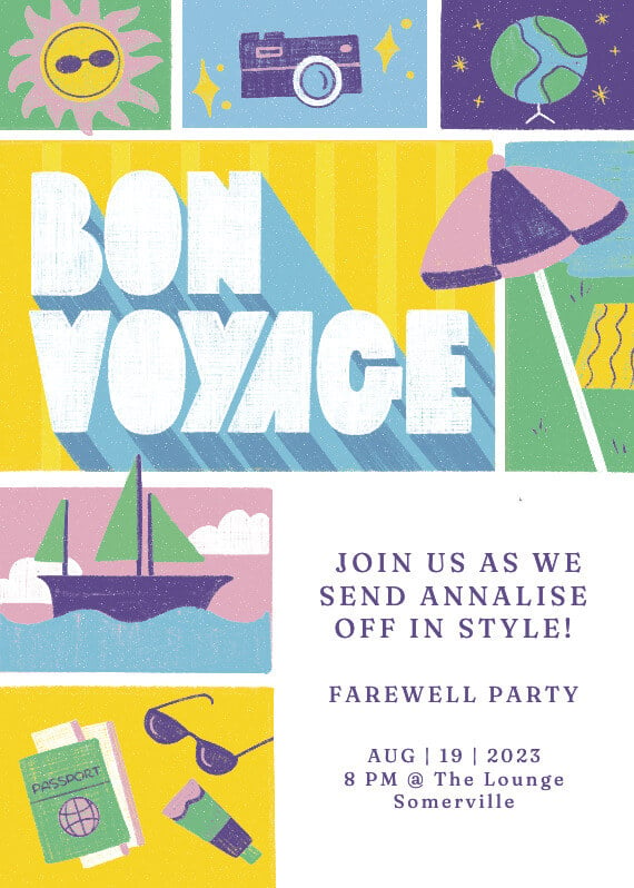 Bon Voyage party invitation designed by Katie Made That, featuring 'Bon Voyage' in a bold text with shadow effect, complemented by charming illustrations of an umbrella, sun, camera, and ship, capturing the essence of travel and adventure.
