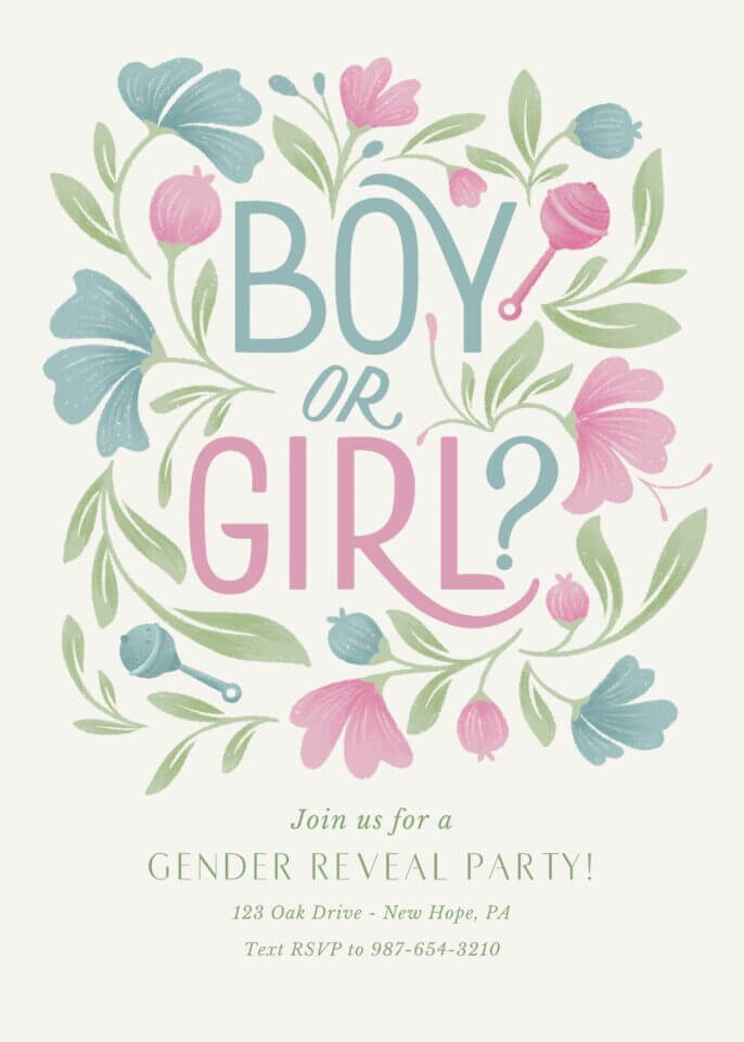 Gender reveal invite by Gia Graham, 'Boy or Girl' in pink and blue, with matching rattles and flowers illustrations.