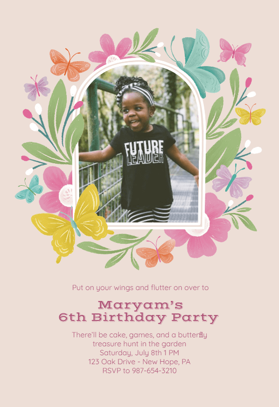Garden birthday invite by Gia Graham, girl's portrait with colorful flowers and butterflies, for Greetings Island.