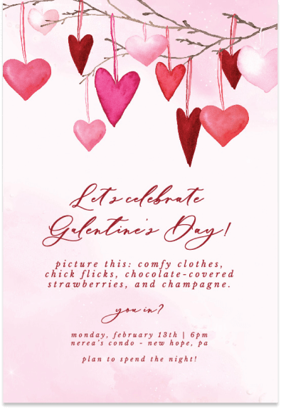 Galentines day invitation with heart illustrations hanging on tree branches