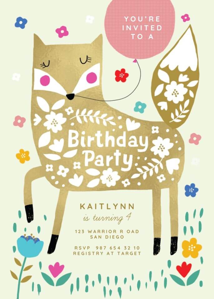 gold fox illustration for a birthday party invitation by Charlotte Pepper