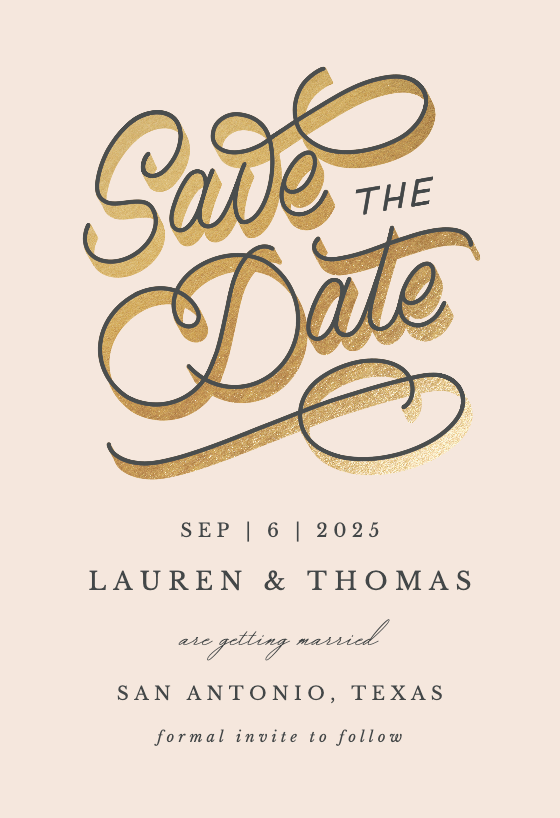 Save the Date invitation designed by Katie Made That, showcasing ornamental typography with 'Save the Date' in an elegant script, enhanced by a subtle shadow effect for a touch of depth and sophistication.