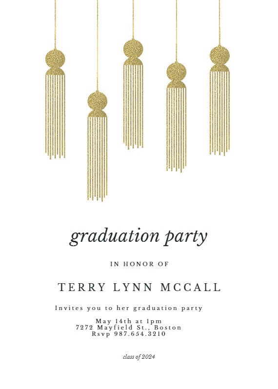 A graduation invitation with elegant illustrations of gold tassels at the top, set against a clean white background. The event details are presented in crisp black text, offering a classic and sophisticated look.