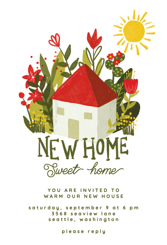 A 'Warm Our House' new home invitation, featuring a cozy illustration of a house surrounded by flowers and basked in sunlight, conveying a welcoming and cheerful atmosphere.