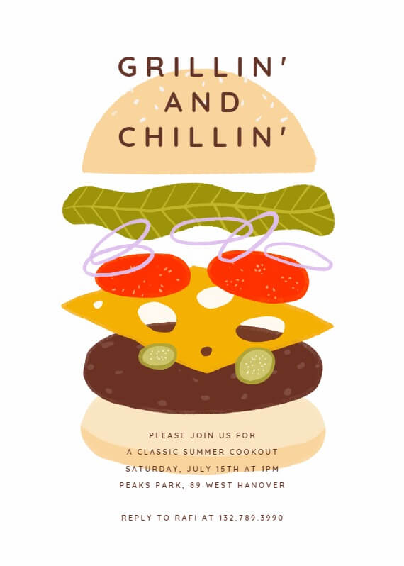 A 'Grillin' and Chillin'' party invitation adorned with a fun hamburger illustration, capturing the laid-back and enjoyable spirit of a barbecue gathering.