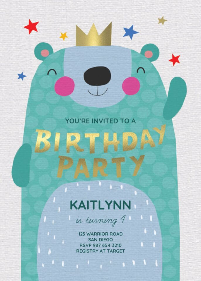 Birthday invitation with a cute green bear illustration, pink cheeks, a small gold crown, smiling and waving warmly.