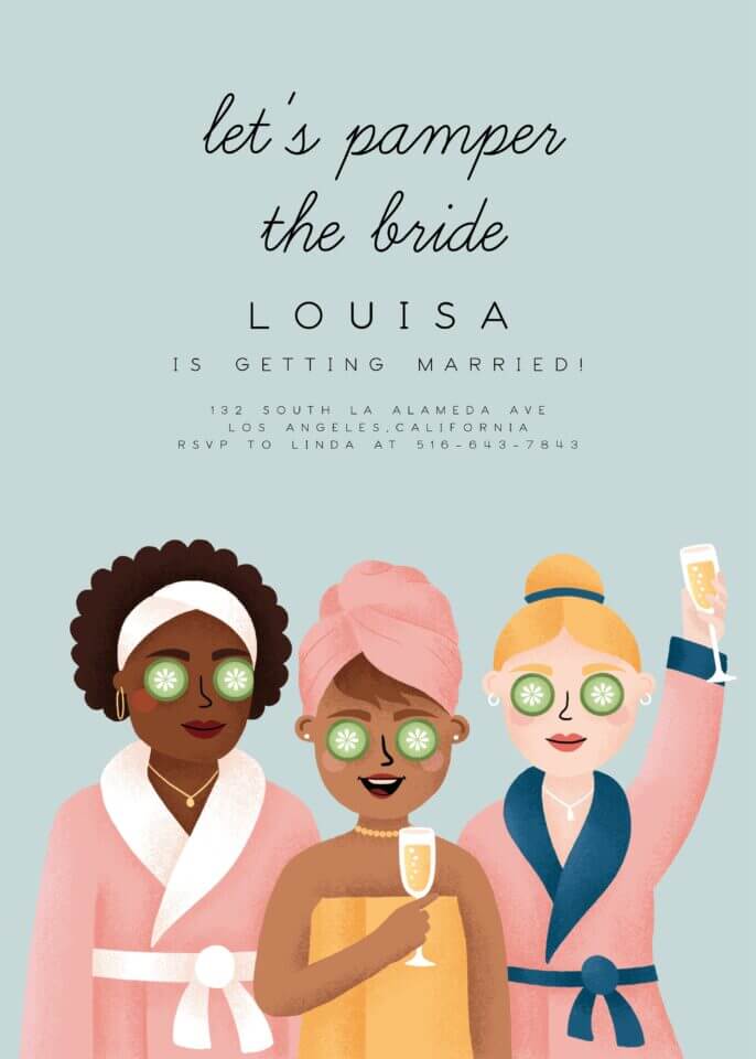 Bachelorette party invitation by Bethan Richards for Greetings Island, 'Let's Pamper the Bride' text alongside illustrations of women in bathrobes enjoying a spa day.