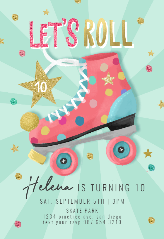 A vibrant 'Let's Roll' birthday invitation, adorned with a colorful roller skate illustration, capturing a fun and lively party theme.
