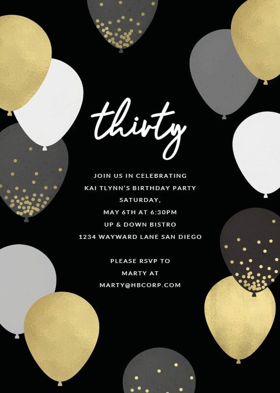 A 30th birthday invitation featuring balloon illustrations in gold, white, and grey, set against a chic black background, creating a stylish and celebratory design.