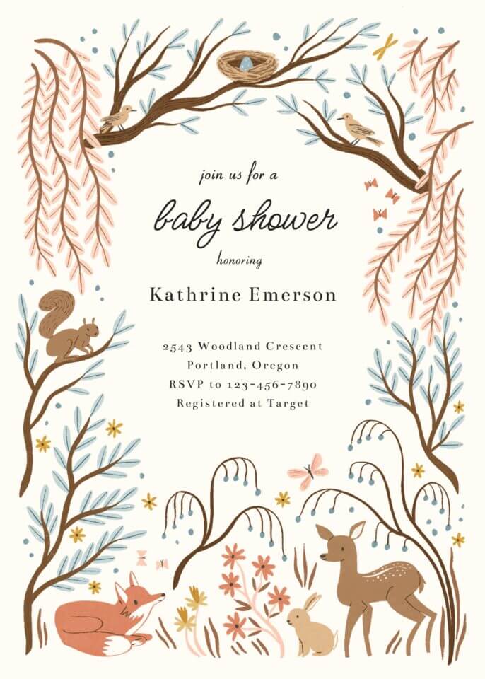 Enchanting 'Magical Forest' baby shower invitation designed by Meghann Rader for Greetings Island, featuring whimsical woodland imagery that invites guests into a fairytale setting for the celebration.