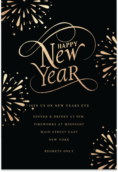 A black and gold themed invitation for a New Year's Eve party, featuring 'Happy New Year' in elegant, decorative font. The invitation is adorned with sophisticated gold illustrations of fireworks
