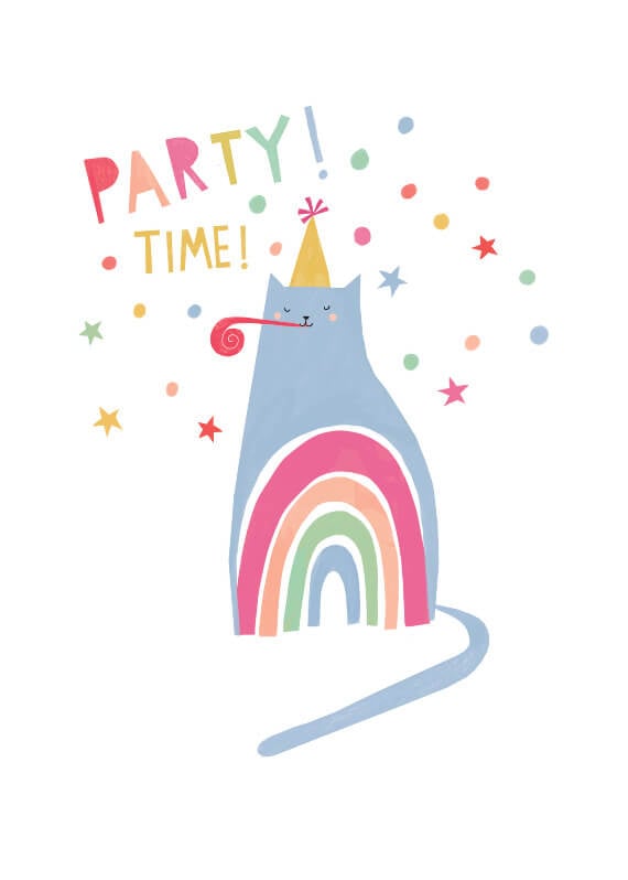 Party time greeting card adorned with a pastel rainbow-colored cat illustration, celebrating in style.