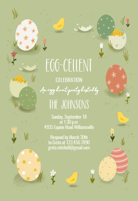 An Easter party invitation themed around an egg hunt, featuring colorful illustrations of Easter eggs and adorable chicks. The design captures the playful and festive spirit of the occasion.
