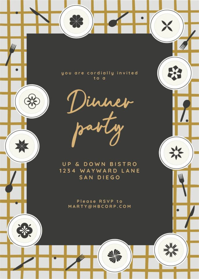Dinner party invitation with 'Dining Party' in gold text, cutlery illustrations, and a minimal design of a set table from above, by Black Lamb Studio for Greetings Island.