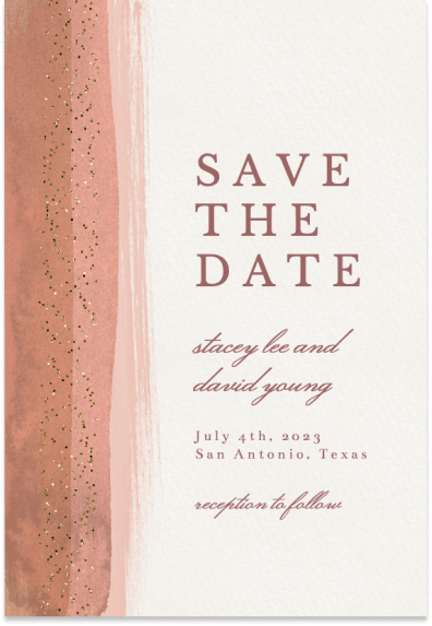 save the date card with peach toned paint and glitters