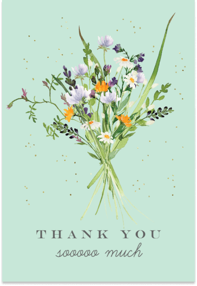 Expressing heartfelt gratitude on a teal-themed thank-you card featuring an elegant spring bouquet illustration.