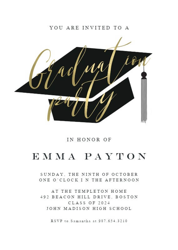 A graduation party invitation featuring the text 'Graduation Party' in elegant gold lettering, prominently placed atop an illustration of a black graduation cap. The design combines classic graduation symbolism with a festive touch.