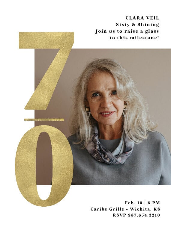 An invitation for a 70th birthday milestone celebration, featuring the number '70' prominently in glittering gold. Below the number, there's a portrait of a woman with elegant grey hair. 