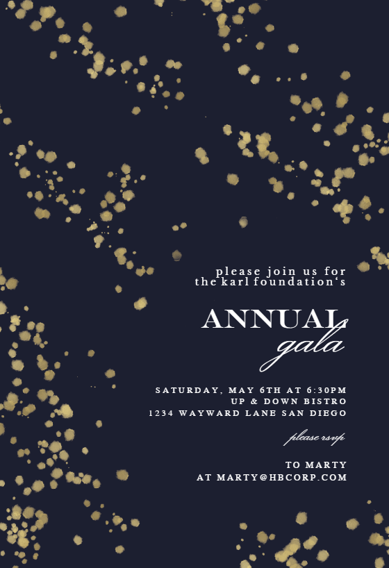 An annual gala party invitation with a sophisticated dark blue background, adorned with gold shimmery dots for an elegant and festive touch.