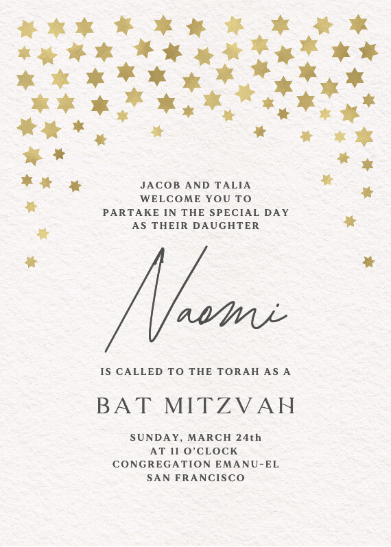 A Bat Mitzvah invitation design titled 'Sky Full of Stars', featuring small gold stars at the top, with the event details text underneath. The design evokes a starry night sky theme, blending tradition and celebration.