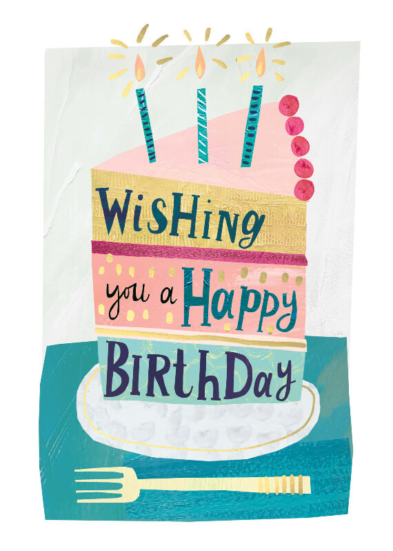 Greeting card with a slice of cake illustration, 'Wishing You a Happy Birthday' written on the cake piece, adorned with three lit candles.