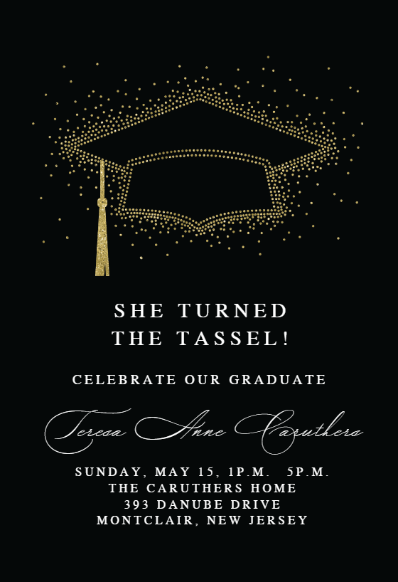 A graduation invitation with a sleek black background, featuring golden dots arranged to form the shape of a graduation cap. The event details are presented in striking white text, creating a contrast that enhances the celebratory design.