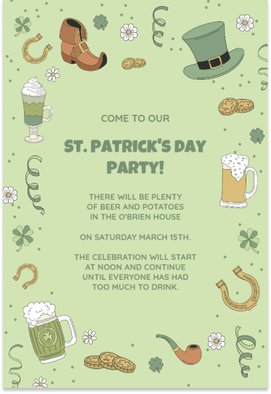 St Patrick's day invitation featuring illustrations of elements like St Patrick's hat, green beer, horseshoe