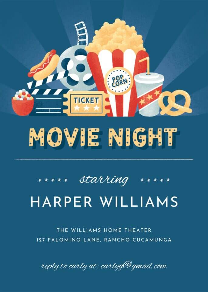 Movie night invitation by Bethan Richards for Greetings Island, with fun illustrations of popcorn, a film reel, a hamburger, and a director's clapperboard.