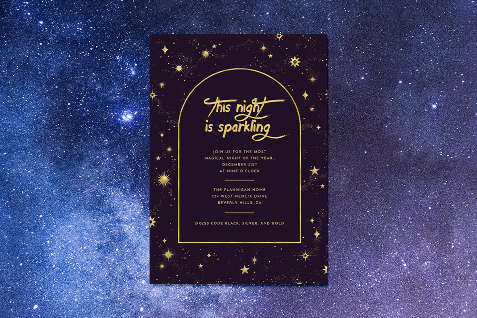 A New Year's Eve invitation with a captivating dark purple and sparkling gold theme, designed to resemble a starry night sky. It's adorned with gold stars, enhancing the celestial and festive ambiance of the event.