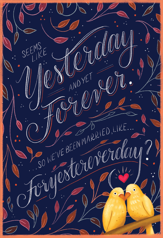 Yesterday and Forever card design by Katie Made That, set against a dark blue backdrop with ornate red leaves and branches adorning the edges, 'Yesterday and Forever' scripted in white text, and an intimate touch of two yellow birds kissing, a small heart between them, positioned at the lower right corner.