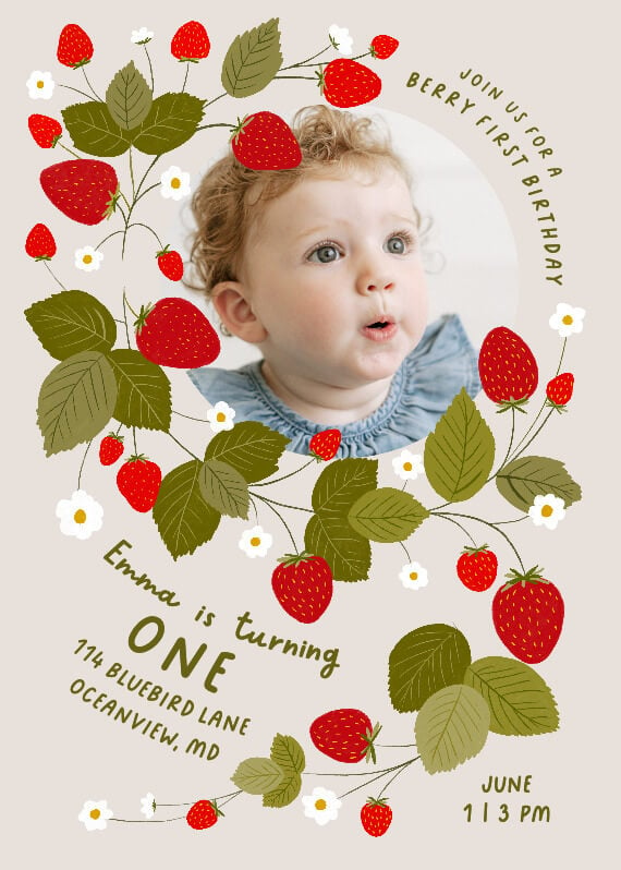 A birthday invitation showcasing a circle of strawberries, strawberry flowers, and leaves beautifully framing a portrait of a little girl. This natural, berry-themed border creates a charming and playful atmosphere for the invitation.