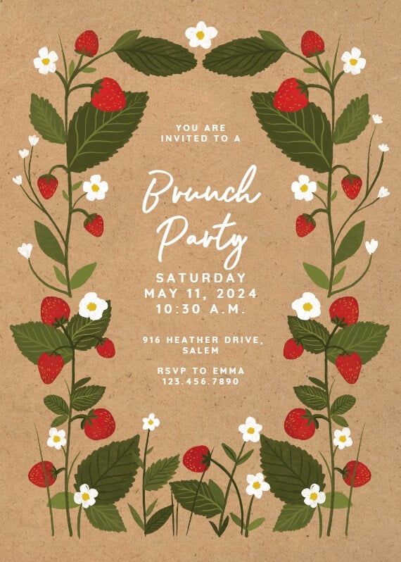 A brunch party invitation framed with a charming strawberry illustration as a border, adding a fresh and delightful touch to the invite.